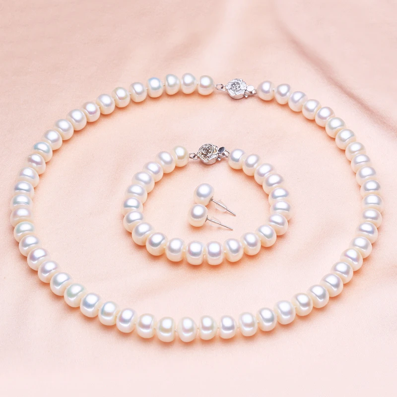 

Classic Pearl Jewelry Sets Genuine Natural Freshwater Pearl Jewelry 925 Sterling Silver Earrings Bracelet Necklace For Women