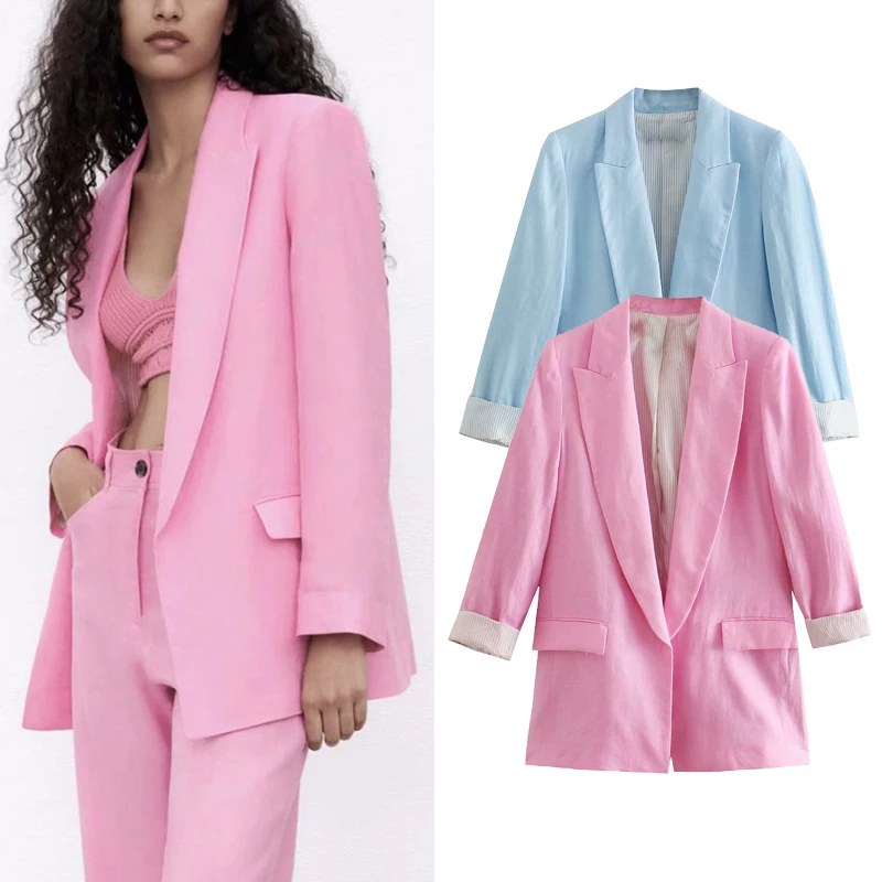 

Женский однотонный Блейзер ZA, винтажный пиджак с длинным рукавом и отложным воротником, женская верхняя одежда с открытым стежком, повседне...