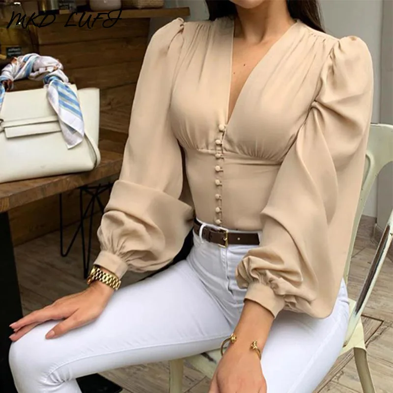 Женщины v образным вырезом прочный фонарь рукав повседневные блузки дамы с
