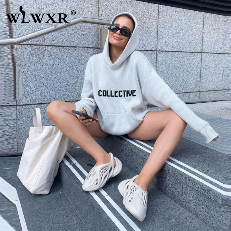 

WLWXR Autumn Streetwear Knitted Hoodies Women Gray Letter Hooded Long Sleeve Tops Sweatshirts Ladies Loose Graphic Hoodie