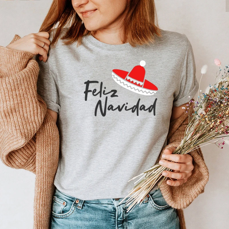 Merry Christmas Shirt 2022 Christmas Gift Woman Tshirts Santa Hat Sombrero Spanish Ladies Tops 2020 Cartoon Top Cotton 100% XL