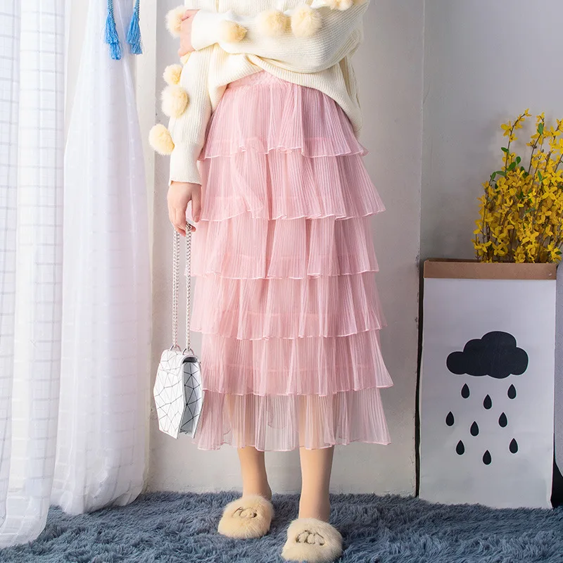 

2021 Spring and Summer New Casual Pure Color Temperament Super Fairy Fairy Skirt Layered Gauze Skirt Mid-length Skirt
