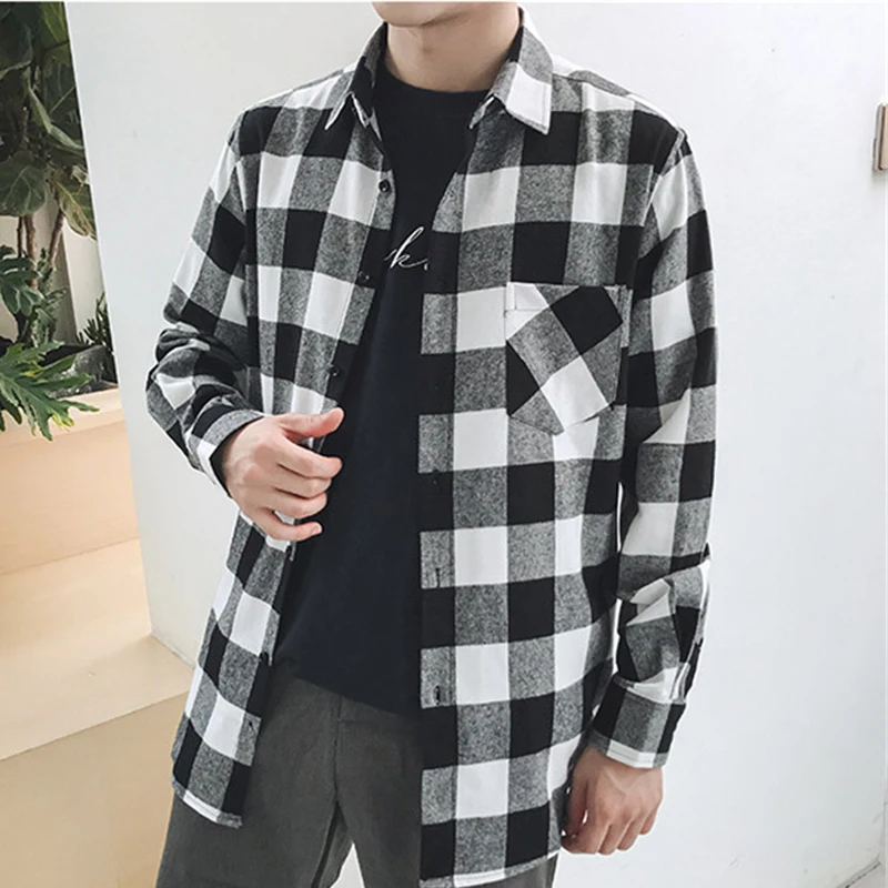 Рубашка JDDTON Мужская Фланелевая 100% хлопок в клетку с длинным рукавом повседневная