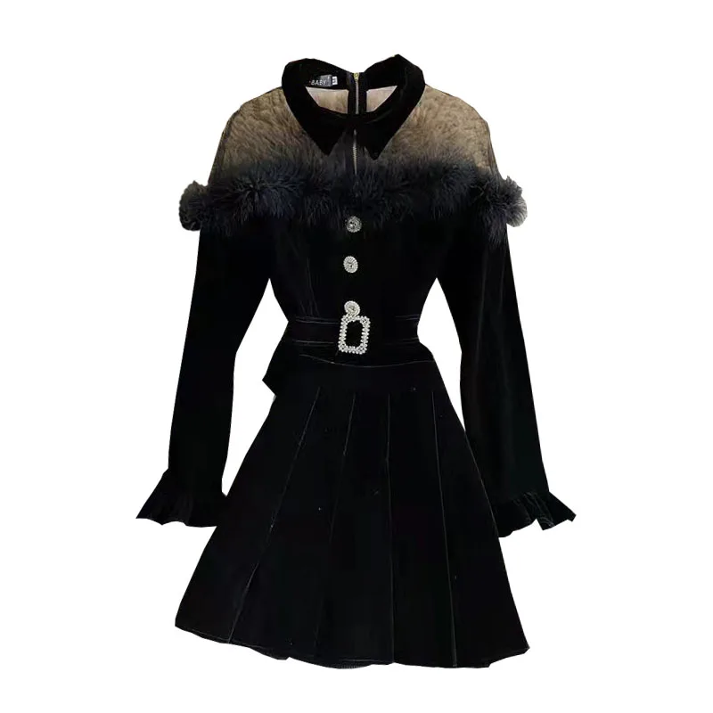 

western style 2021 net yarn splicing velvet shirt suit pleated skirt cultivate morality two-piece female temperament