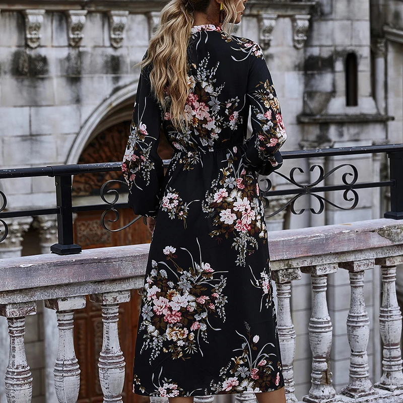 

Sexy Women's Dress 2021 Black Floral Sundress Casual Autumn Winter New Hit Ruched Dress A-Line Lady Slim Party Dresses Vestidos