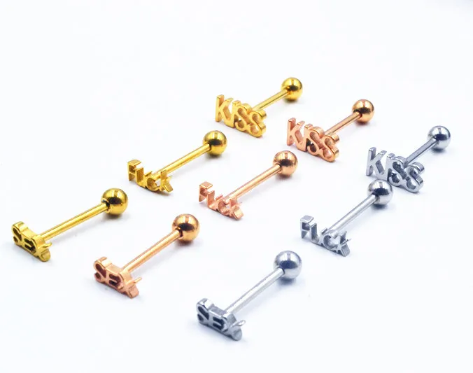 

1PC Surgical Steel KISS Letter Tongue Rings Punk Style Hypoallergenic Piercing Tongue Barbells Piercing Body Jewelry 16g