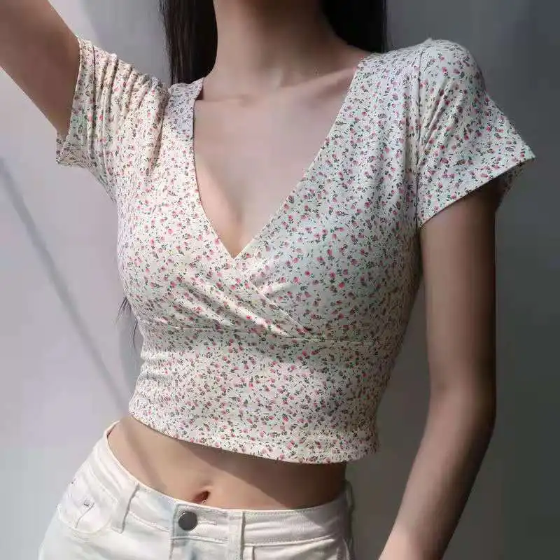 Retro Floral  T-Shirt Female Cross V-Neck Tight-Fitting Sexy Waist Slimming 2021 New Style Ins Short Umbilical Top Summer