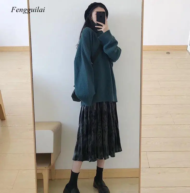 

Winter Soft Warm Knitted Turtleneck 2 Pieces Set Casual Full Sleeve Sweater Skirt Female Sweater Suits Set Two Piece Set Women