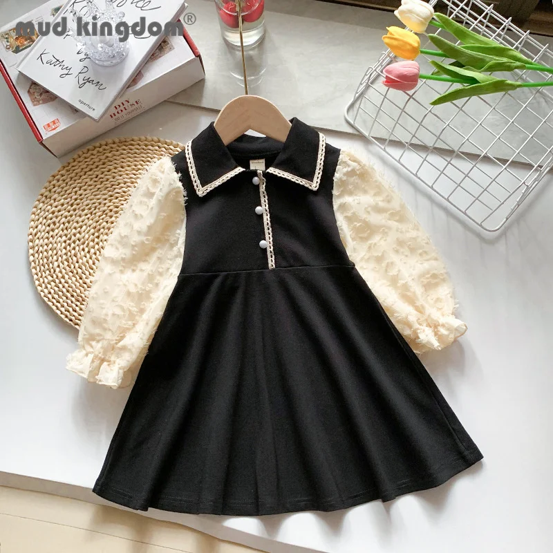 

Mudkingdom Girl Polo Dress Fashion Patchwork Puff Sleeve Lace Turn-down Collar Princess Dresses for Kids Spring Autumn Clothes