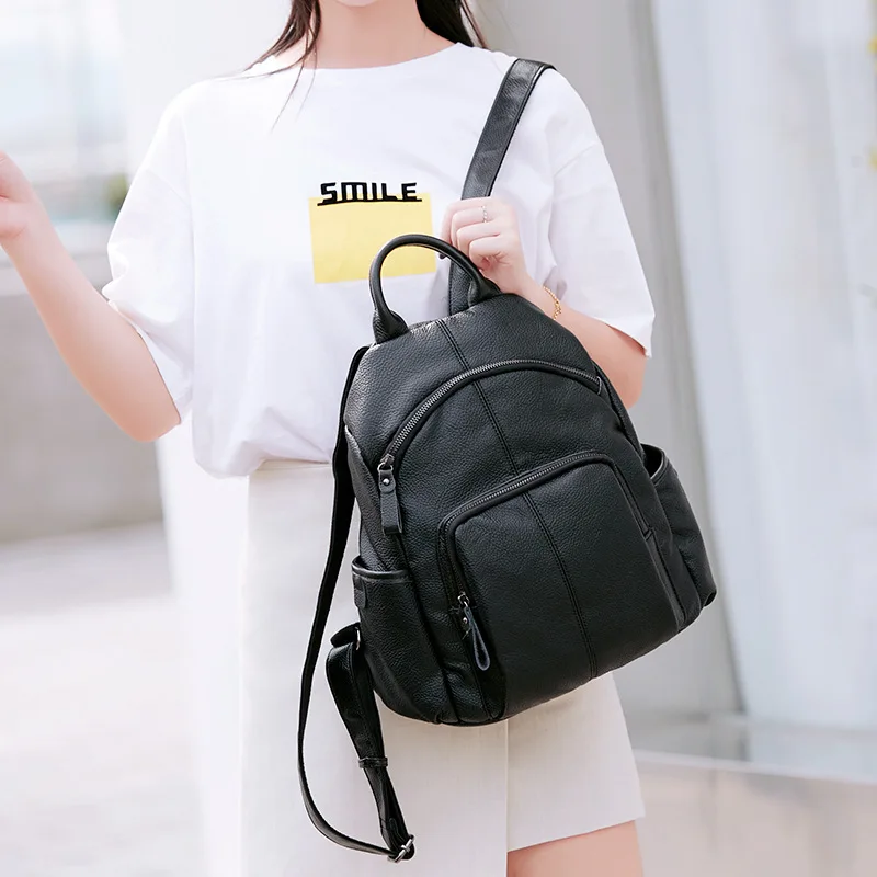 

Genuine Leather Girl Backpack For School In Women's Daypack High Quality Casual Solid Color Shoulder Bag Bookbag Mochila Escolar