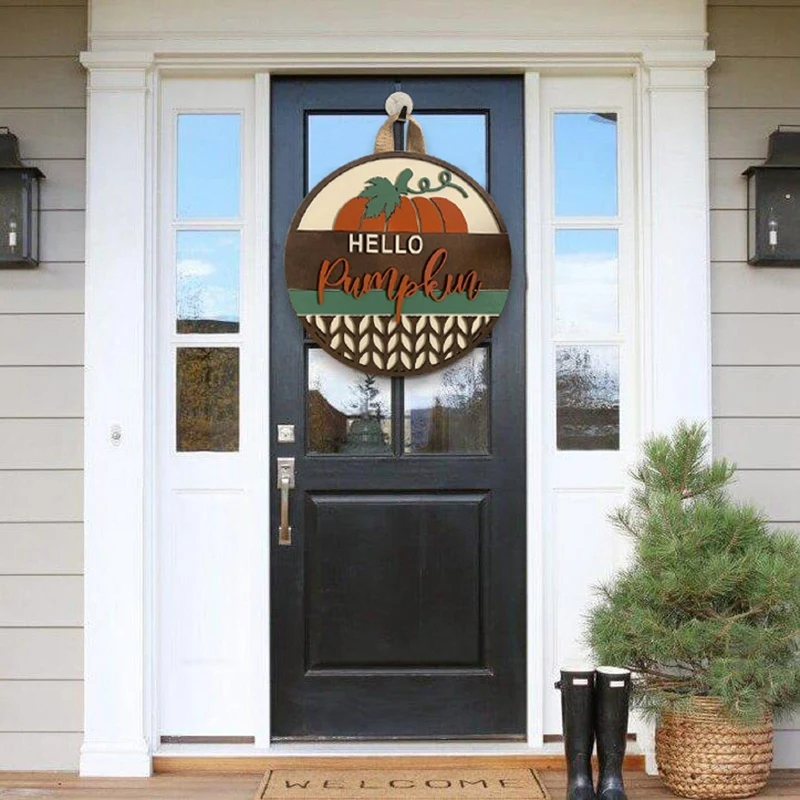 

Front Door Decor Autumn Welcome Door Sign Fall Pumpkin Door Wreath Hanger Decor for Front Door Halloween Thanksgiving