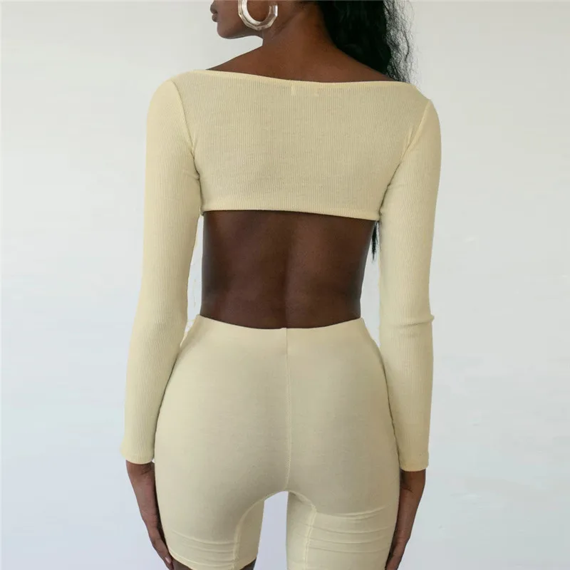 

Women Sexy Suit Square Collar Nipple Tops+ Shorts Feature Long Sleeve Crop Tops Women 2PCS Fashion Set Hot Sales