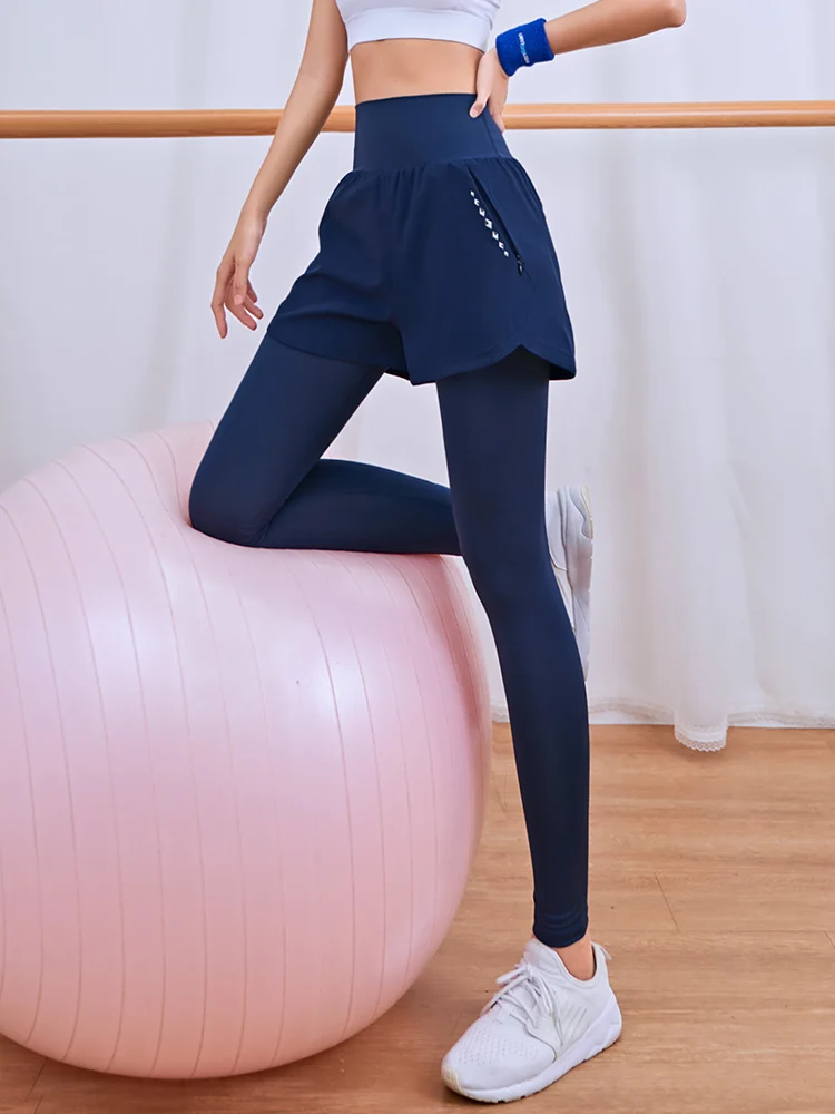 

High-waist stretch tights women's fake two-piece thin quick-drying thin running yoga fitness pants