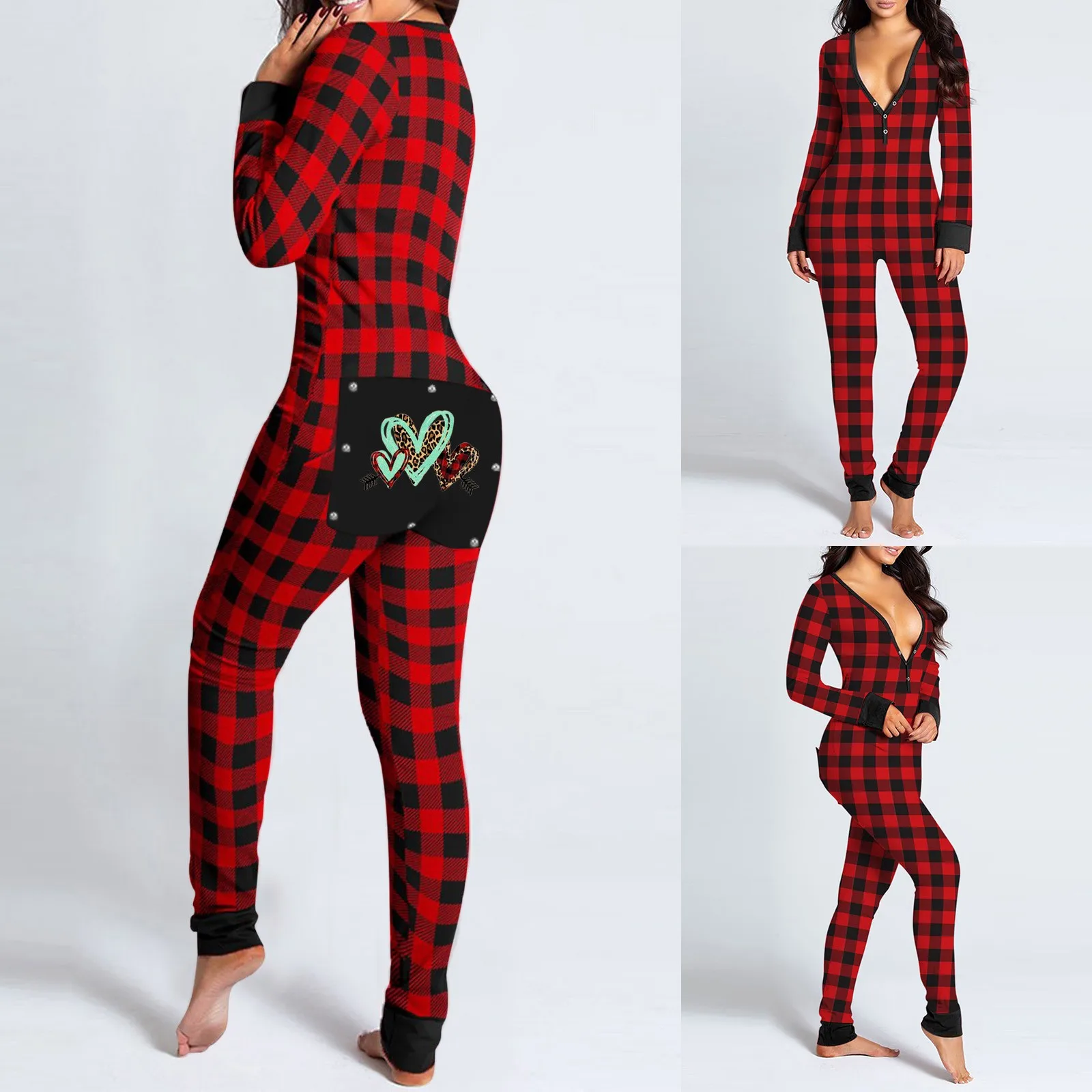 

Women's Sexy Butt Button Back Flap Jumpsuit V Neck Long Sleeve Romper Bodycon Pajamas Onesies Valentine's Day Playsuit A50
