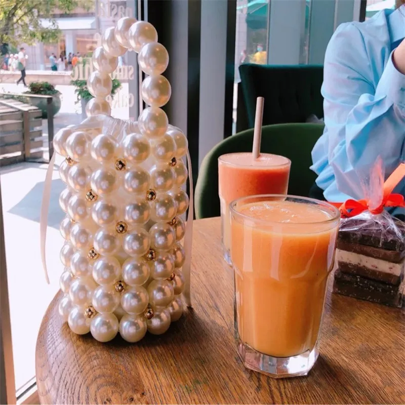 

Luxury Handmade Pearl Bucket Bag High Quality Mini Beaded Pearl Evening Dinner Clutch Purses Ladies Wedding CrossBody Handbag