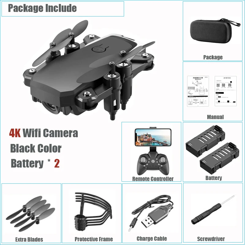 2 Bat 4K Cam Black Мини-Дрон 4K HD камера Wifi Трансмиссия квадрокоптера в реальном времени один ключ возврат RC вертолет Безголовый режим складной Дрон игрушки - Цвет: 2 Bat 4K Cam Black