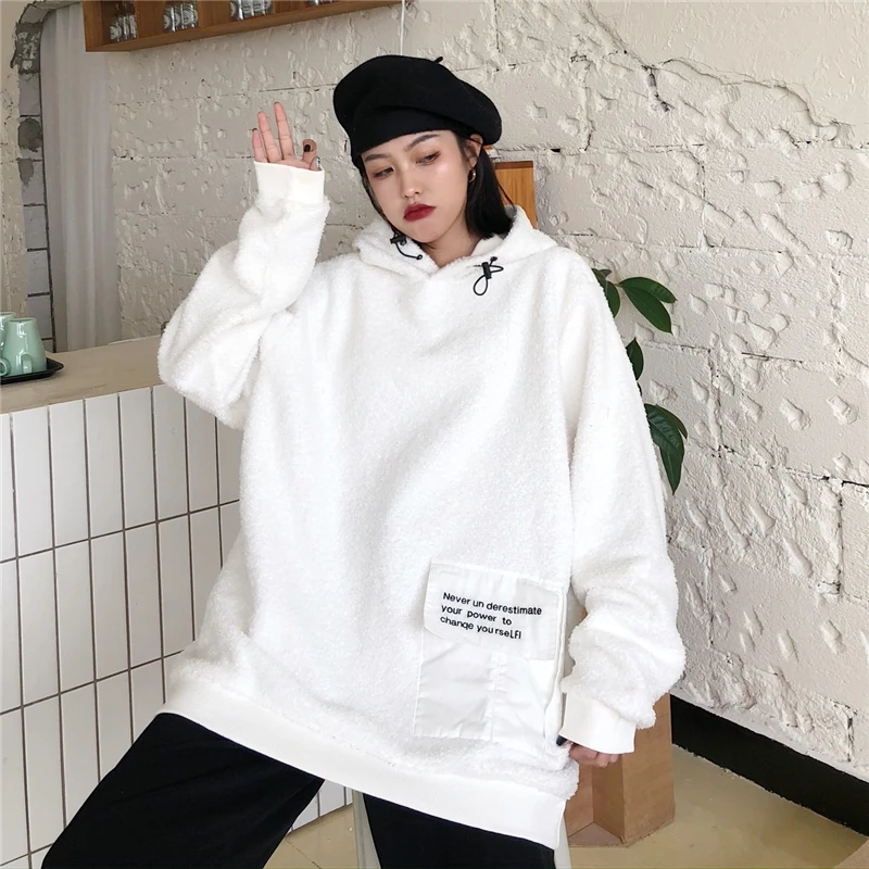 

Real shot winter clothes new Korean hooded letter printing medium and long lamb hair plus cashmere thickened for women