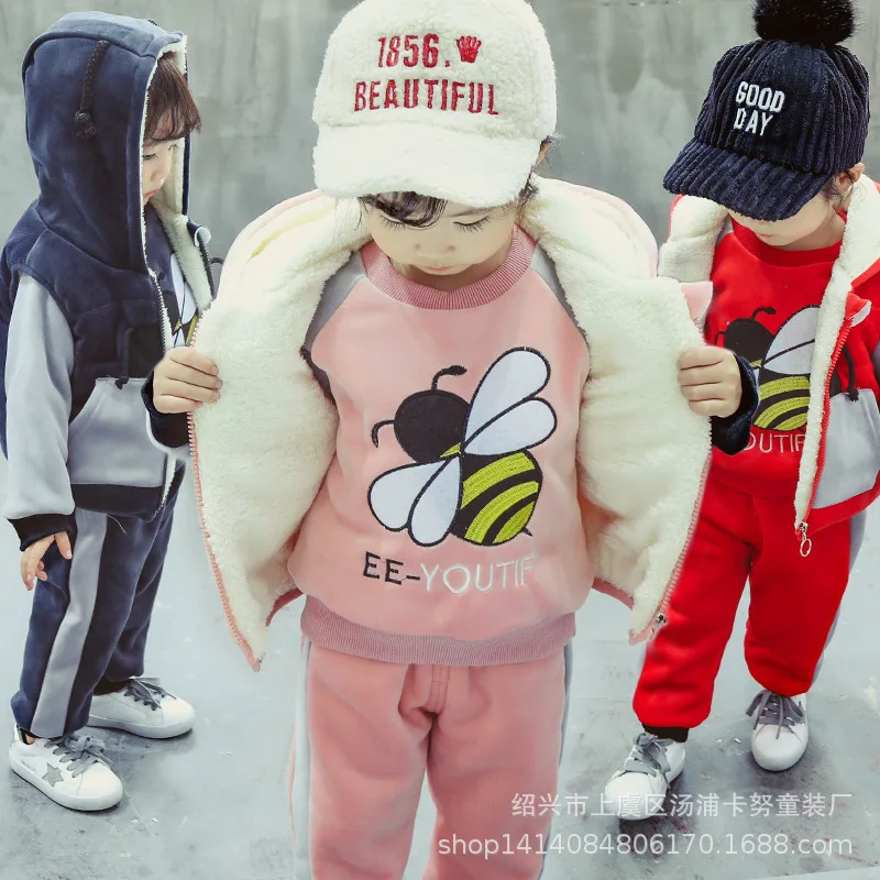 Baby Boys Girls Warm Set Winter Cartoon cat Kids Thickening Hooded Vest+Sweater+Pant Three-piece Sport Suits Children Clothing