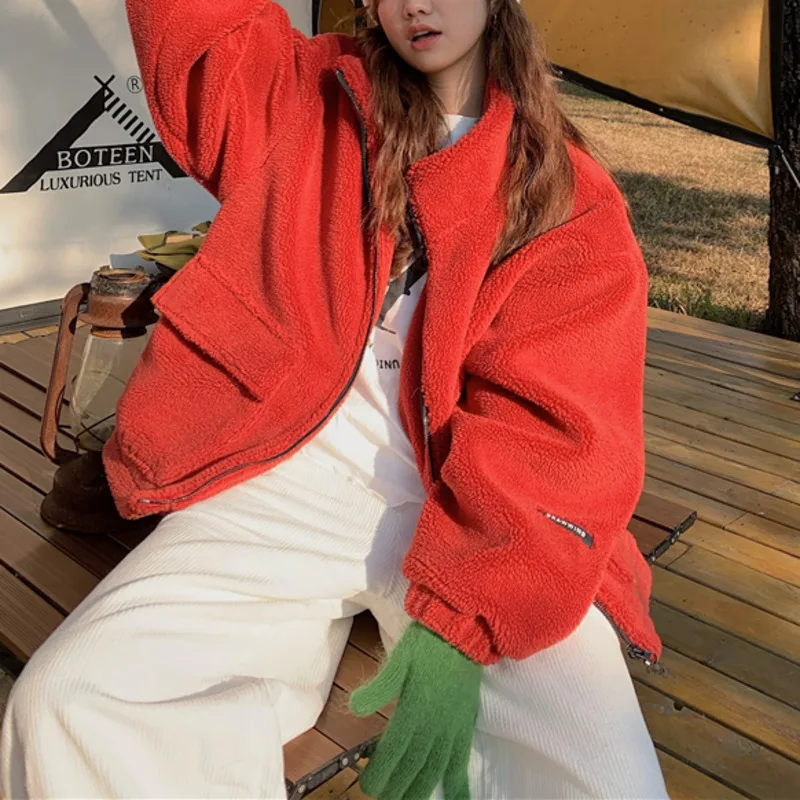 

Lamb Wool Coat Loose Versatile Stand Collar Design Winter Large Pocket Long Sleeve Casual Top Women Rac