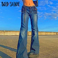 bold shade 90s indie streetwear jeans skinny unicolor low waist y2k denim boot cut pants grunge fashion women blue jeans autumn