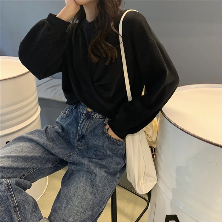 

No Hat Hoodies Women Fashion Criss-Cross All-Match Ins Korean Style Womens Elegant Chic Streetwear Solid Short Hoodie Loose New