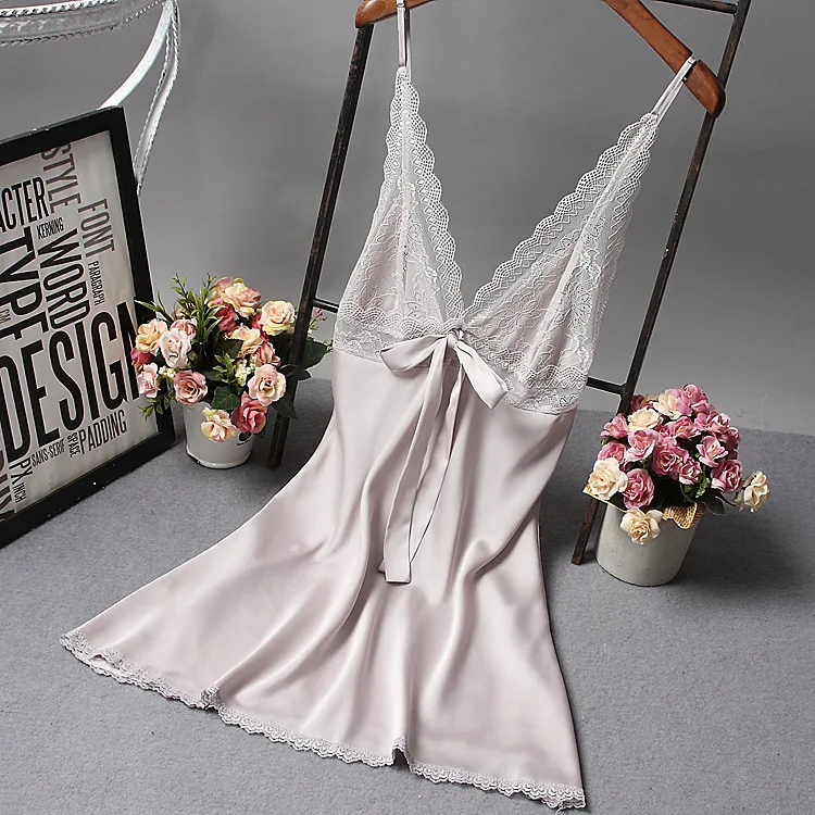 Women Sexy Silk Satin Night Gown Sleeveless Nightdress Lace Sleep Dress V-neck Nighties Shirt Fashion Sleepwear Nightwear | Женская