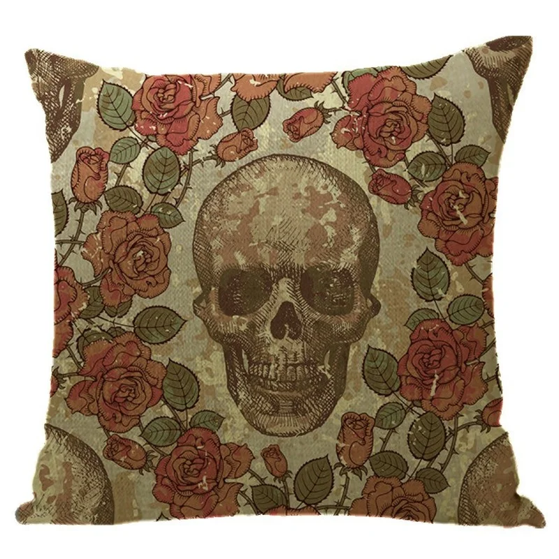 Наволочка в скандинавском стиле с изображением черепа красной розы |