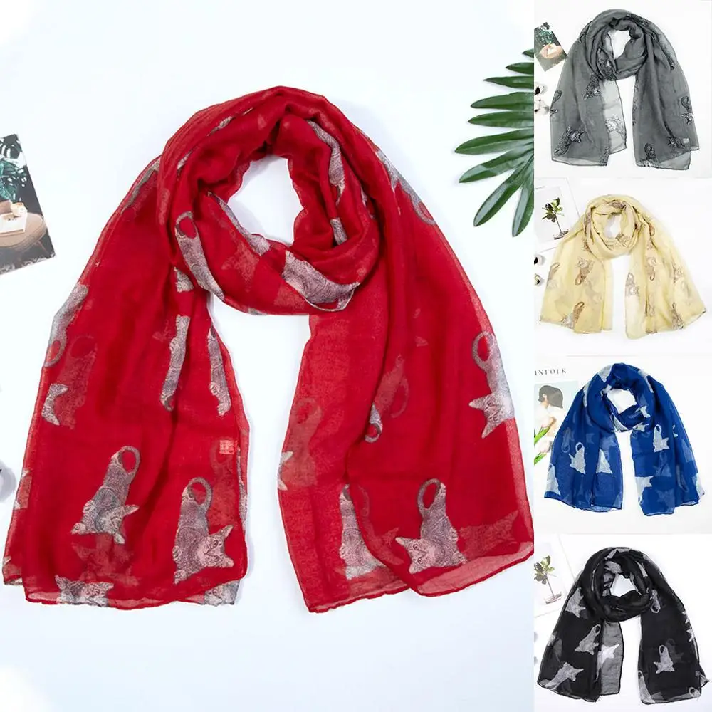 Женский шарф бандана в клетку платок женский зимний шифоновый с принтом кошки