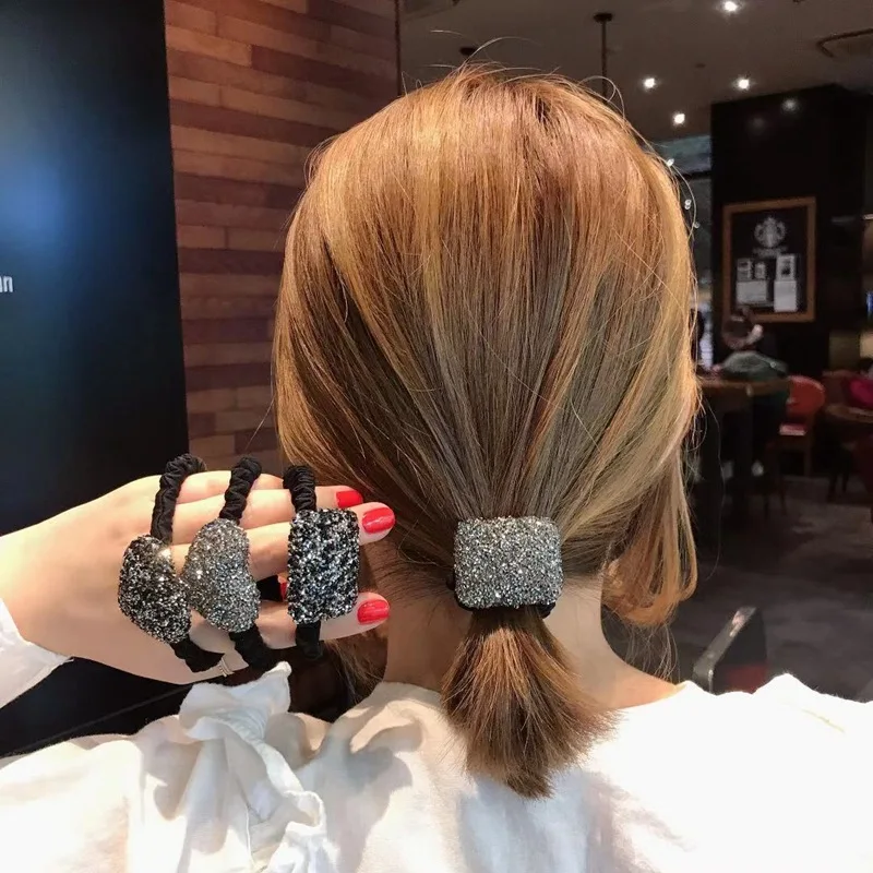 

Women Flash Rhinestone Love Rubber Band Girl Square Ball Head Rope