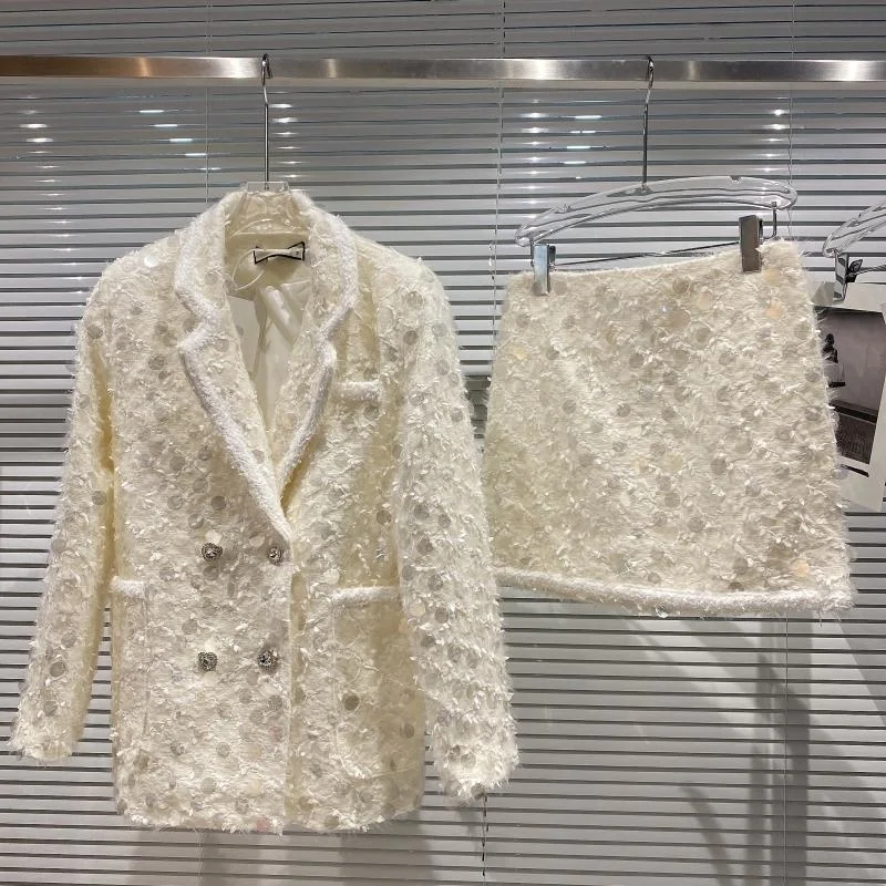 

Sequin Tweed Blazer Coat + Hip Skirt Two Piece Set Women New Autumn 2021 Small Fragrance White Outfit