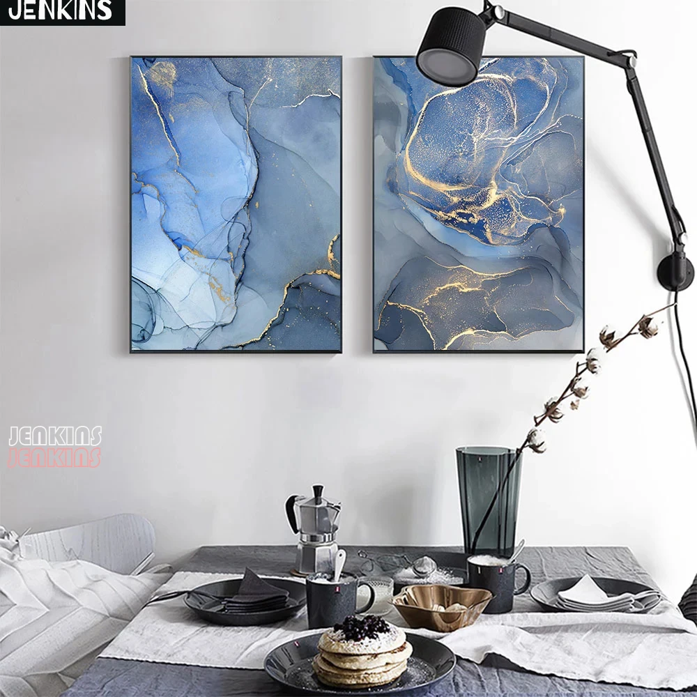 

Blue Paintings Abstract Wall Art Canvas Posters and Prints Marble Pattern for Living Room Bedroom Corridor Decor