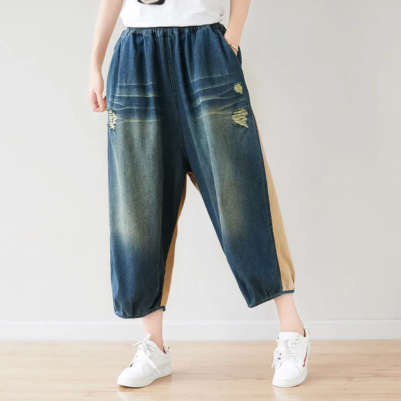 Джинсы женские с широкими штанинами свободные брюки в стиле пэчворк карманами до