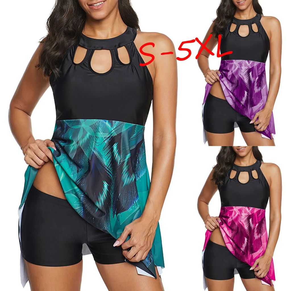 

Bikinis 2020 Mujer Women Swimwear Plus Size Hollow Out Print Patchwork Tankini Set One Piece Swimsuit Maillot De Bain Femme