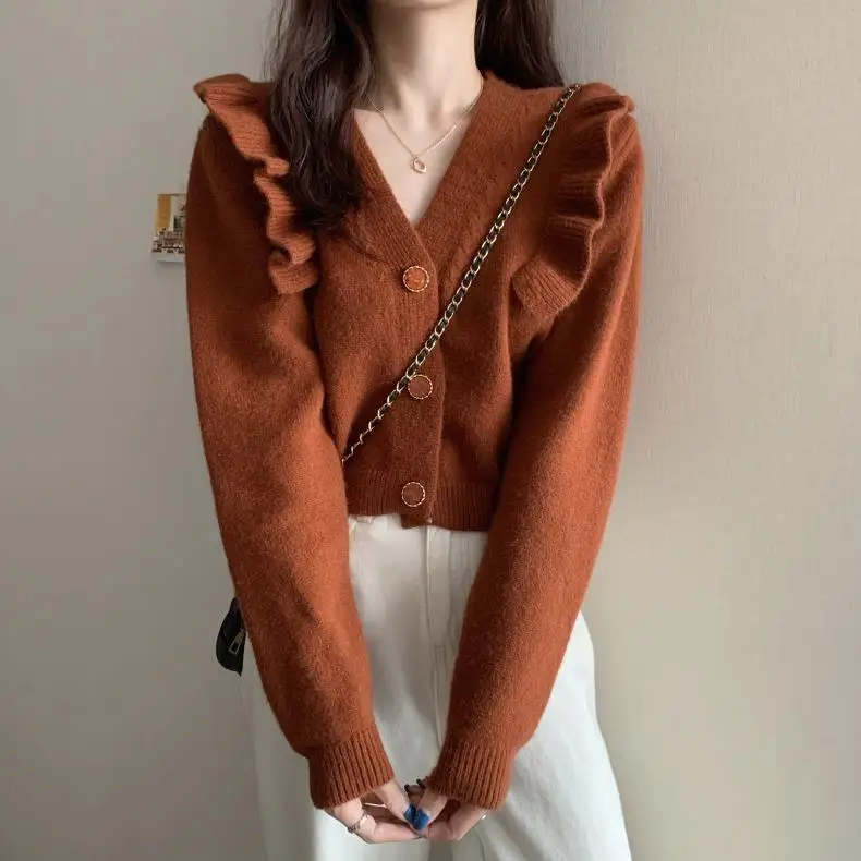 

Женский короткий свитер в стиле ретро, трикотажные куртки с V-образным вырезом, однотонный Свободный кардиган, верхняя одежда, S224, Осень-зима...