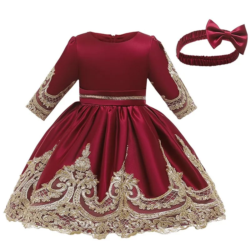 wine red Рождественское платье для маленьких девочек; элегантные Детские Платья с цветочным кружевом и бантом для девочек; вечерние бальные платья принцессы с длинными рукавами; одежда для детей - Цвет: wine red