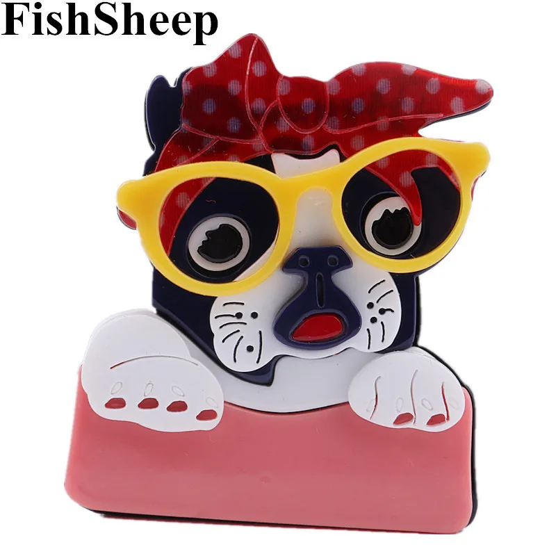 Женская акриловая брошь-значок FishSheep броши в форме собаки на булавке с очками
