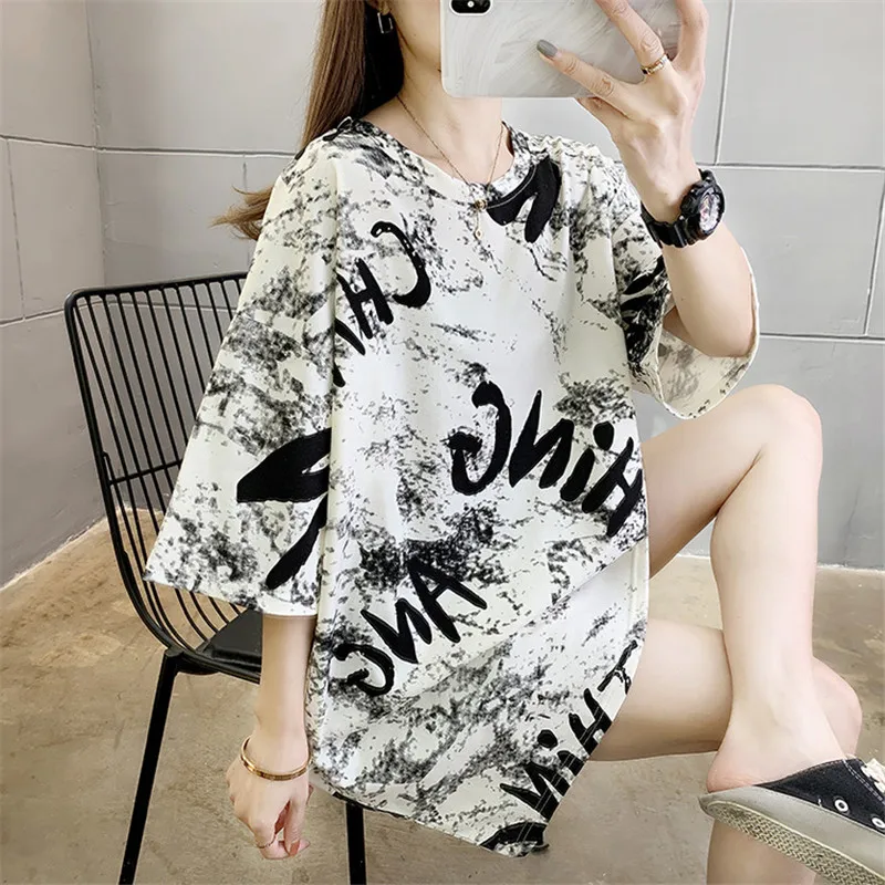 

Женская футболка с коротким рукавом, свободная футболка большого размера с круглым вырезом и надписью, модель N003 в Корейском стиле на лето, ...