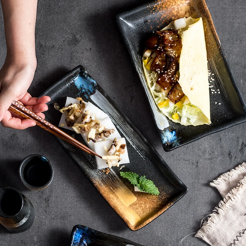 Japanese Retro Ceramic Sushi Dish Modern Minimalist Household Rectangular Cake Dessert Cold Fruit Plate Kitchen Tableware | Дом и сад