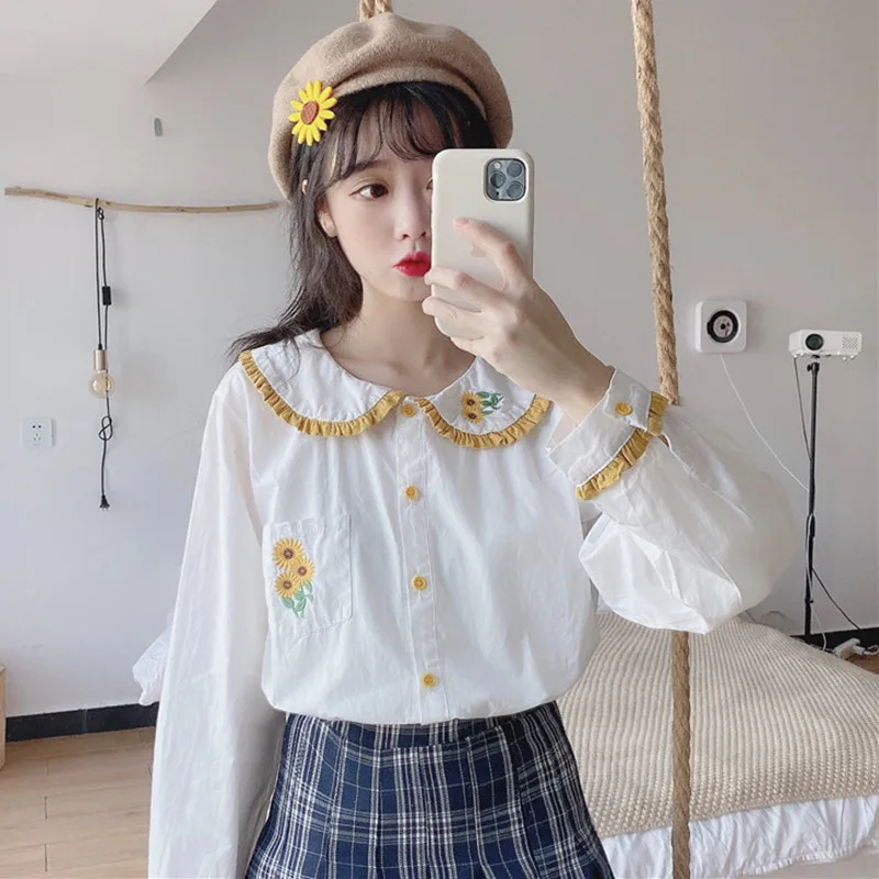 

Spring and autumn shirts sweet flower embroidery college style doll collar long sleeve shirt female mori girl tops