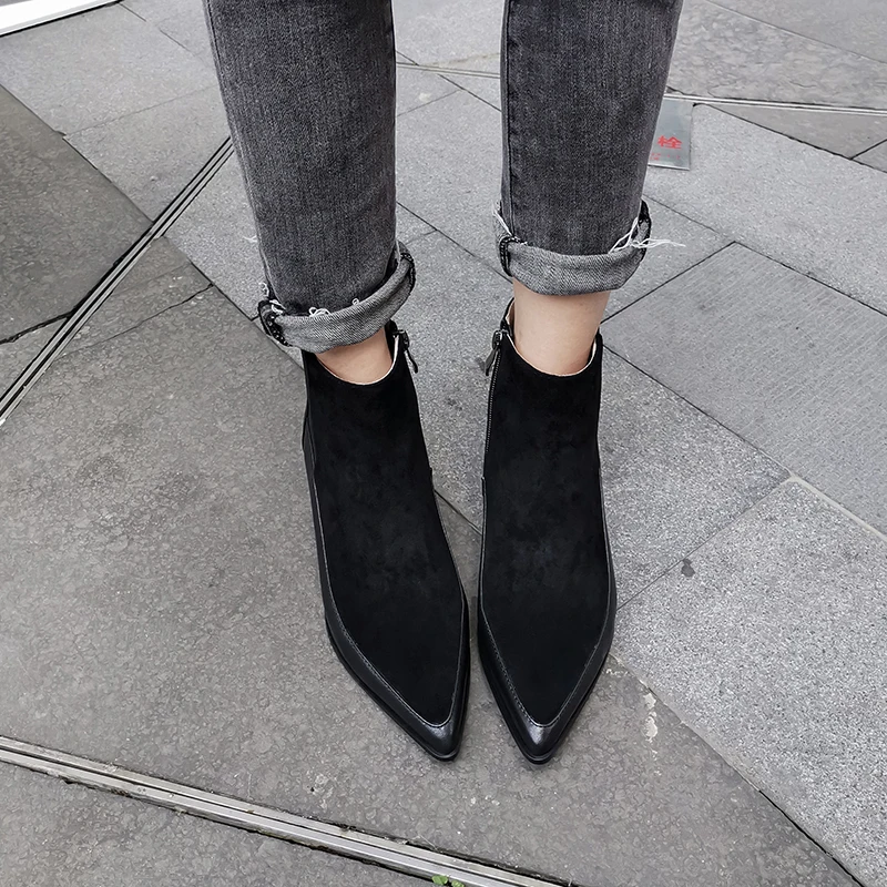 Women Ankle boots Genuine Leather 22-26.5 cm feet length Leather pointed toe Chelsea boots Spring and Autumn Wild shoes woman