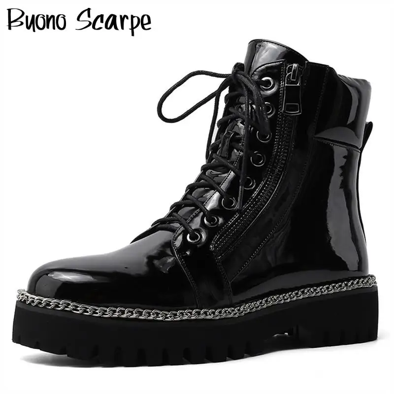 

Motorcycle Women Ankle Boots Black Punk Chains Boots Laces Platform Casual Botas Mujer HIgh Tip Chunky Booties Chaussure Femme