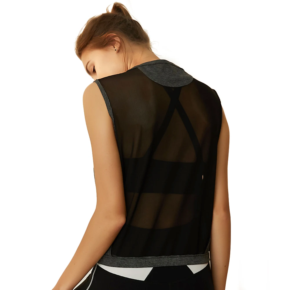 

Top Blouses For Fitness Sport Shirts Women Yoga Sportwear Sexy Mesh Splice Breathable Jogging Femme Workout Sleeveless T-Shirt