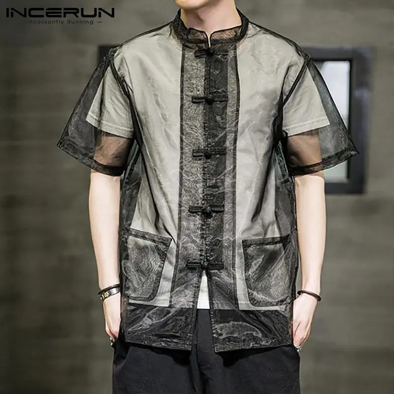 

INCERUN Men Mesh Shirt See Through Mandarin Collar Chinese Style Tops Short Sleeve Streetwear 2021 Sexy Casual Camisas S-5XL