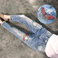 womens embroidered ripped jeans loose high waist slimming 2020 summer new nine point pants straight harem pants mother jeans