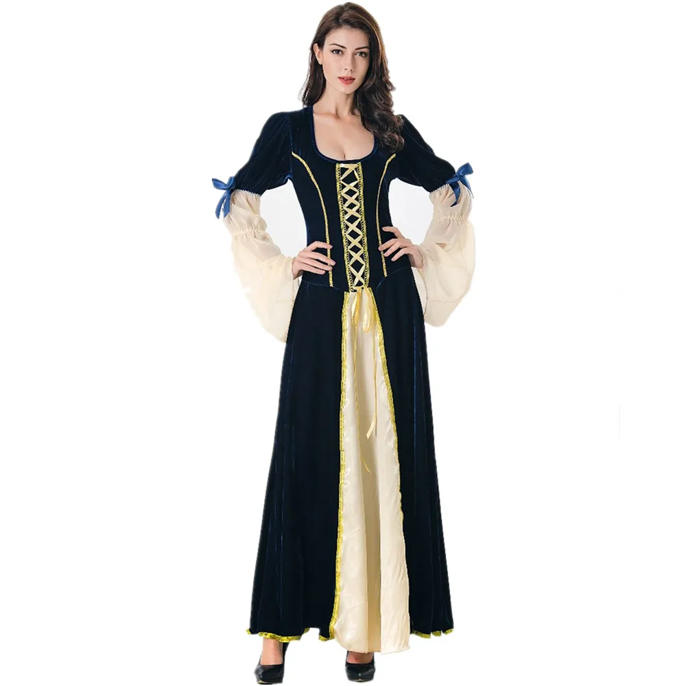 

Halloween Women European Medieval Court Fancy Cosplay Costume Carnival Vintage Long Sleeve Queen Long Dresses