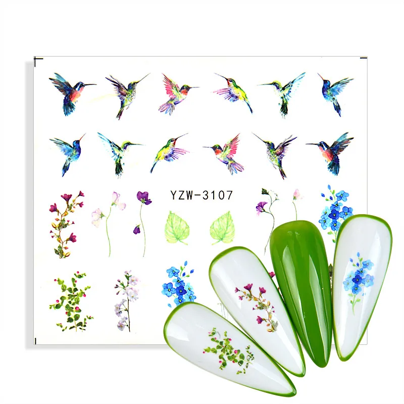 

Наклейки для ногтей, с птицами, цветами и зелеными листьями, 1 лист