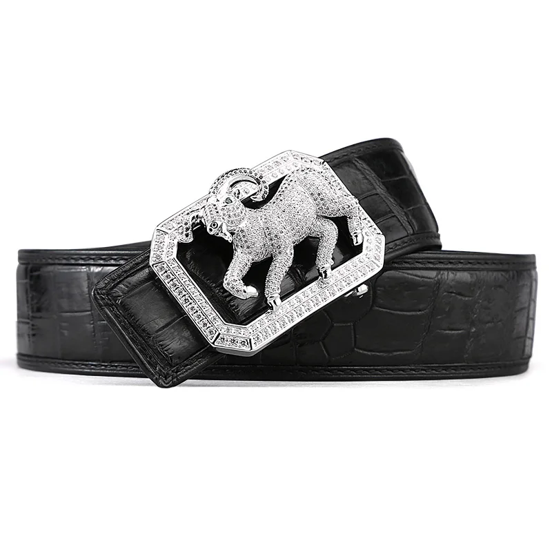 goat black McParko Crocodile Belt Mens Leather Belts With Buckle Luxury Animal Design Genuine Leather Waist Belt with rhinestones Buckle - Цвет: goat black