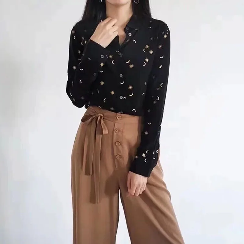 Женская блузка с длинным рукавом шелковая рубашка принтом в виде бронзовых звезд