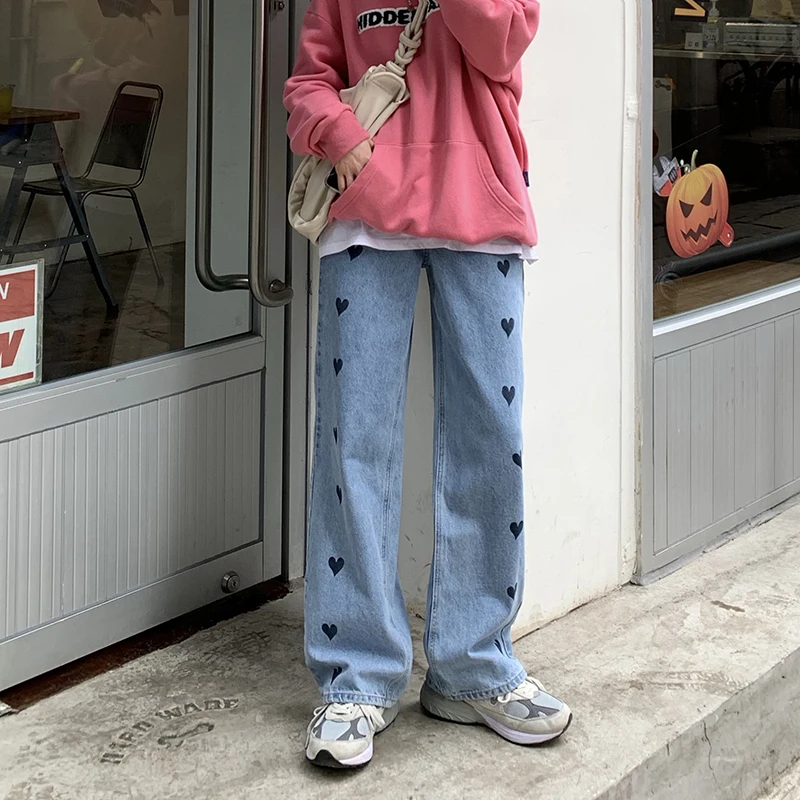 

Jeans for Women 2021 New Heart Printing Loose Slimming Brushed Thickened Straight Wide Leg Pants Autumn and Winter Trousers