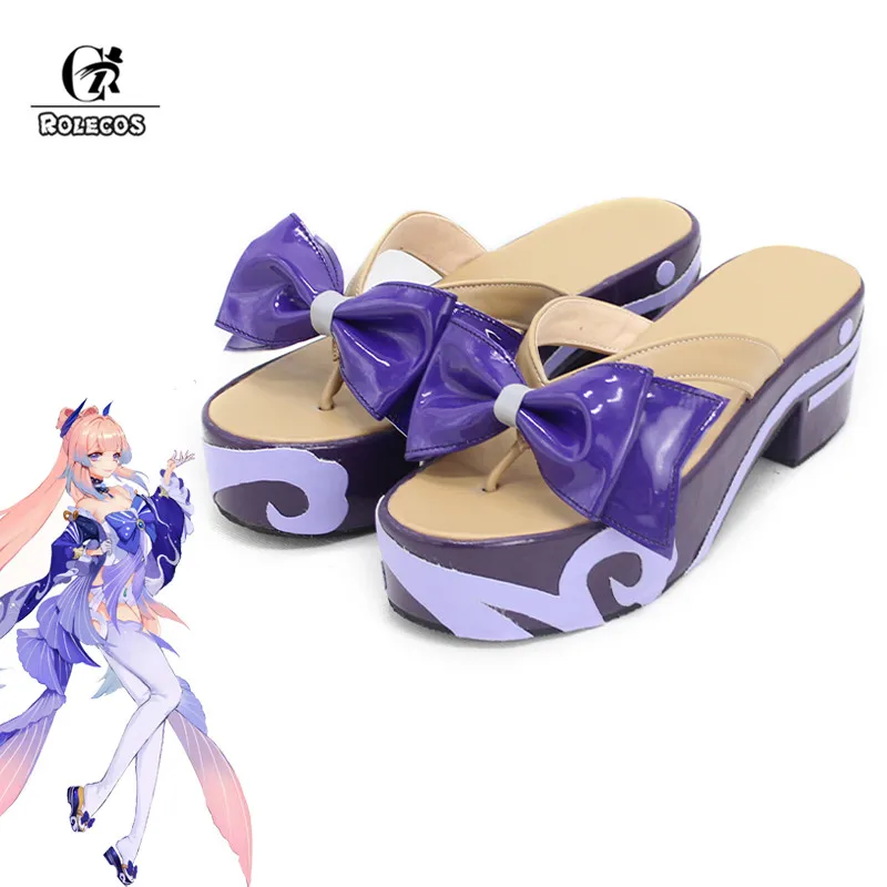 ROLECOS Kokomi Cosplay Shoes Game Genshin Impact Sangonomiya Kokomi Cosplay Shoes Women Wooden Geta Clogs Shoes High Heels Bow